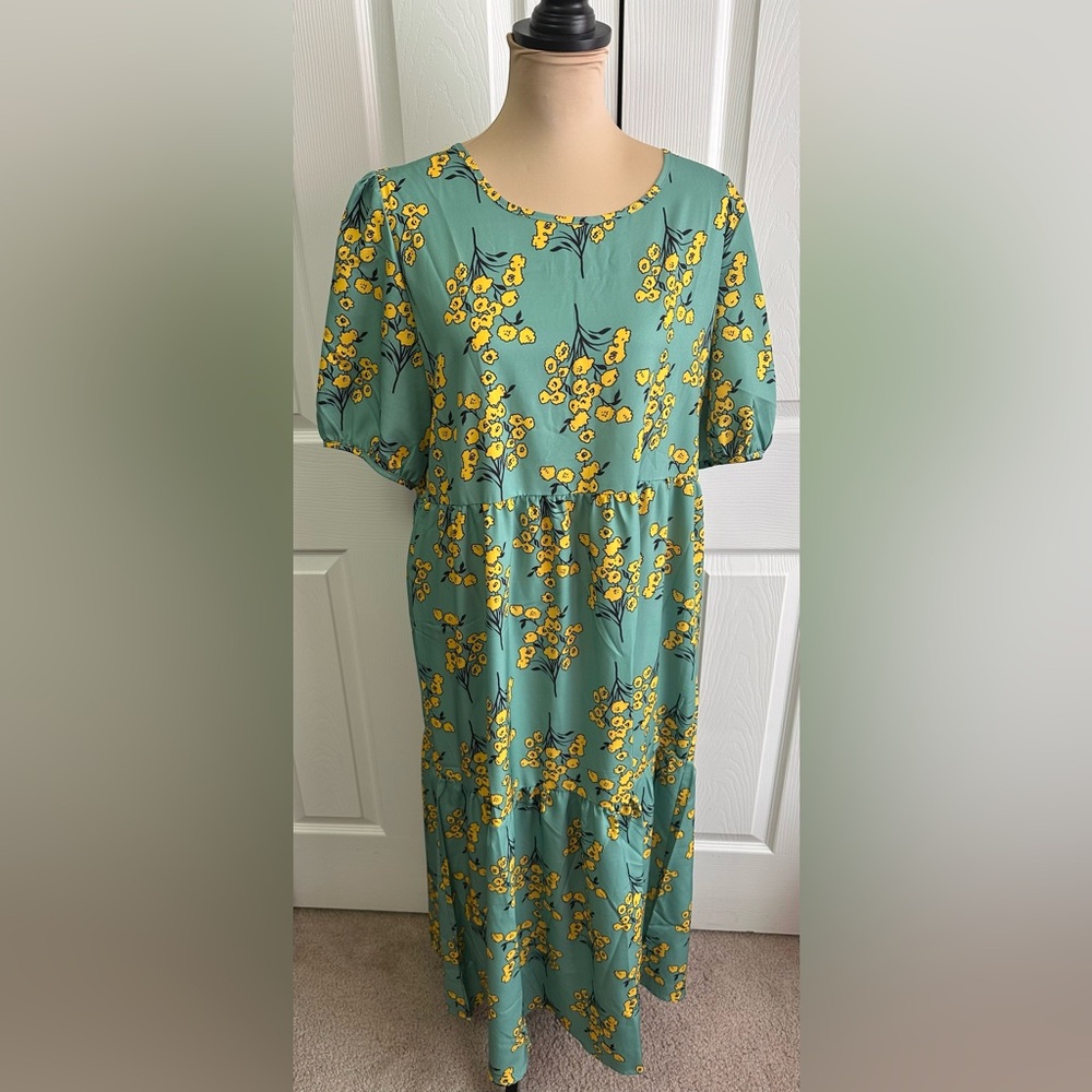 Floral Tiered Midi Dress in Sage with Yellow Bloom Print